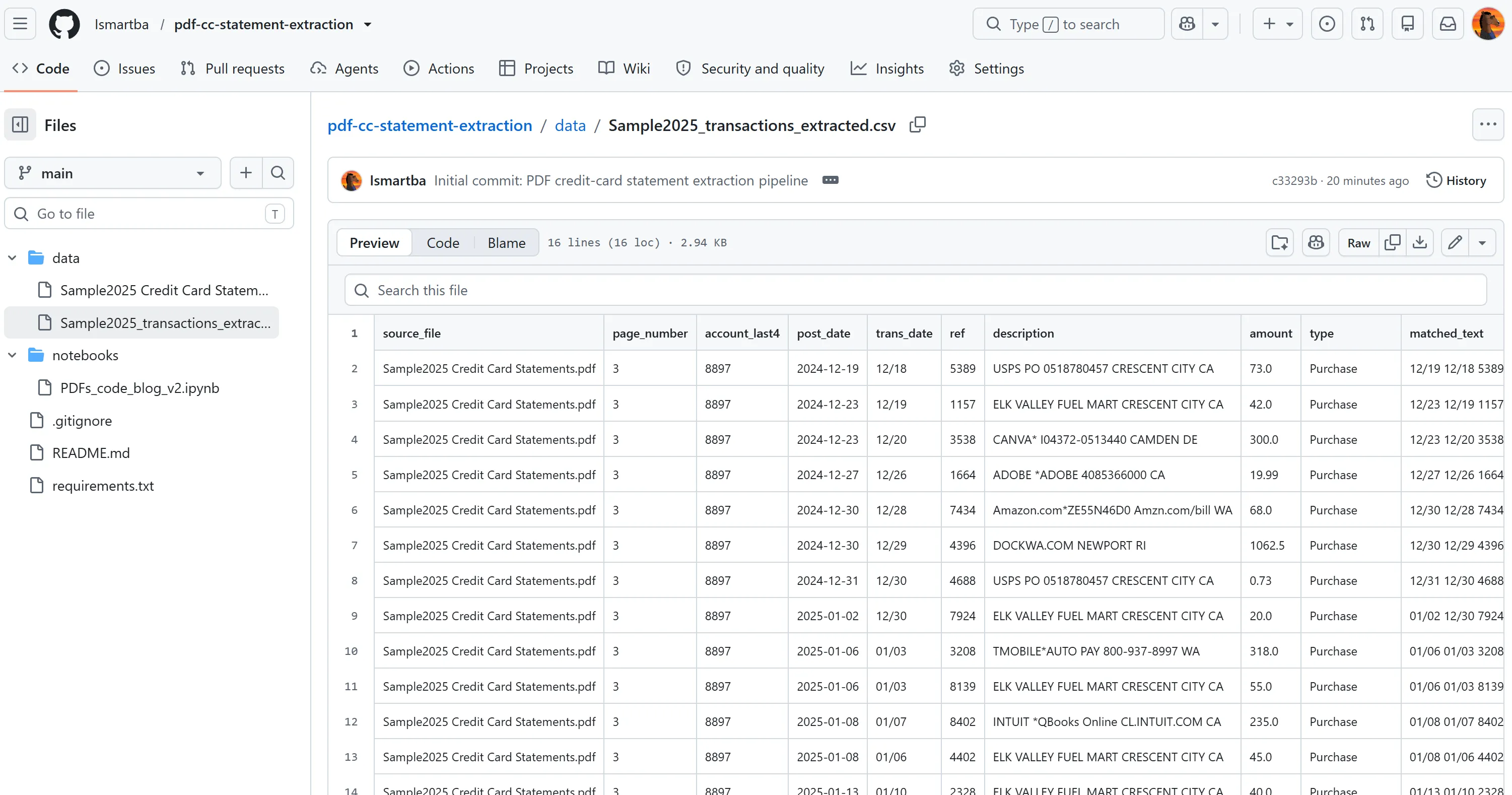 GitHub repository for the PDF transaction extraction pipeline