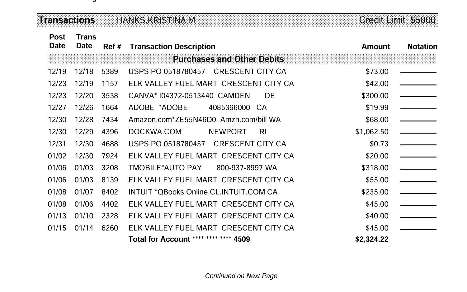 Synthetic credit-card statement transaction table used as the pipeline's source document