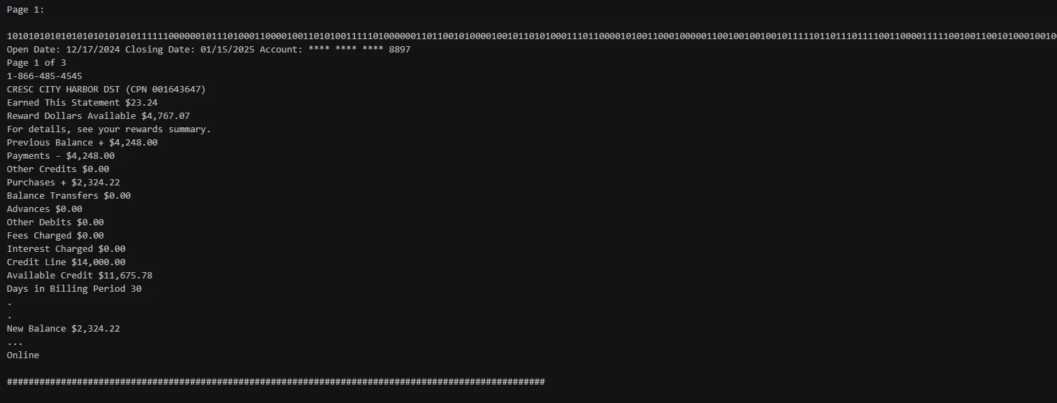 Raw text extracted from the PDF statement, showing irregular spacing before pattern detection