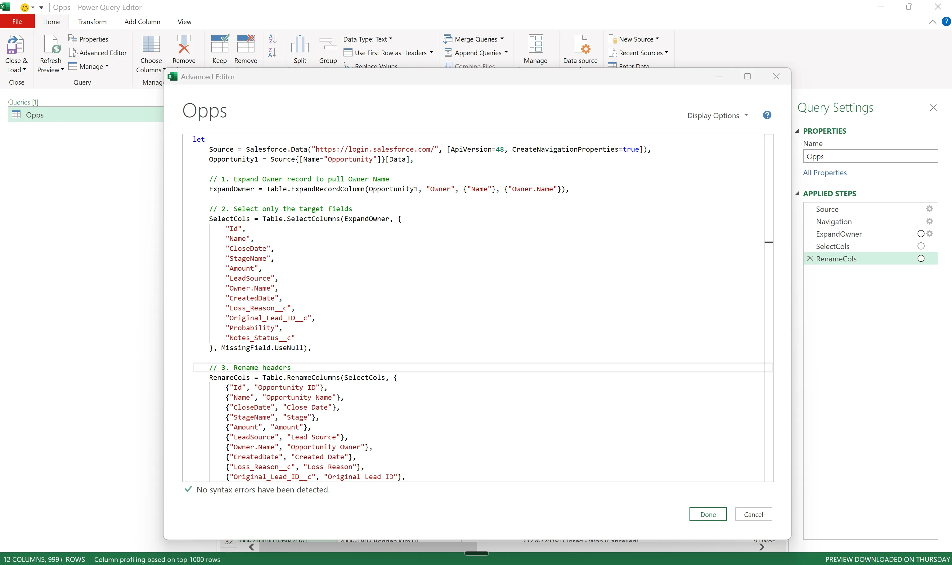 Power Query Advanced Editor showing the Opps query's M code, expanding the Owner lookup and selecting the target Salesforce Opportunity fields