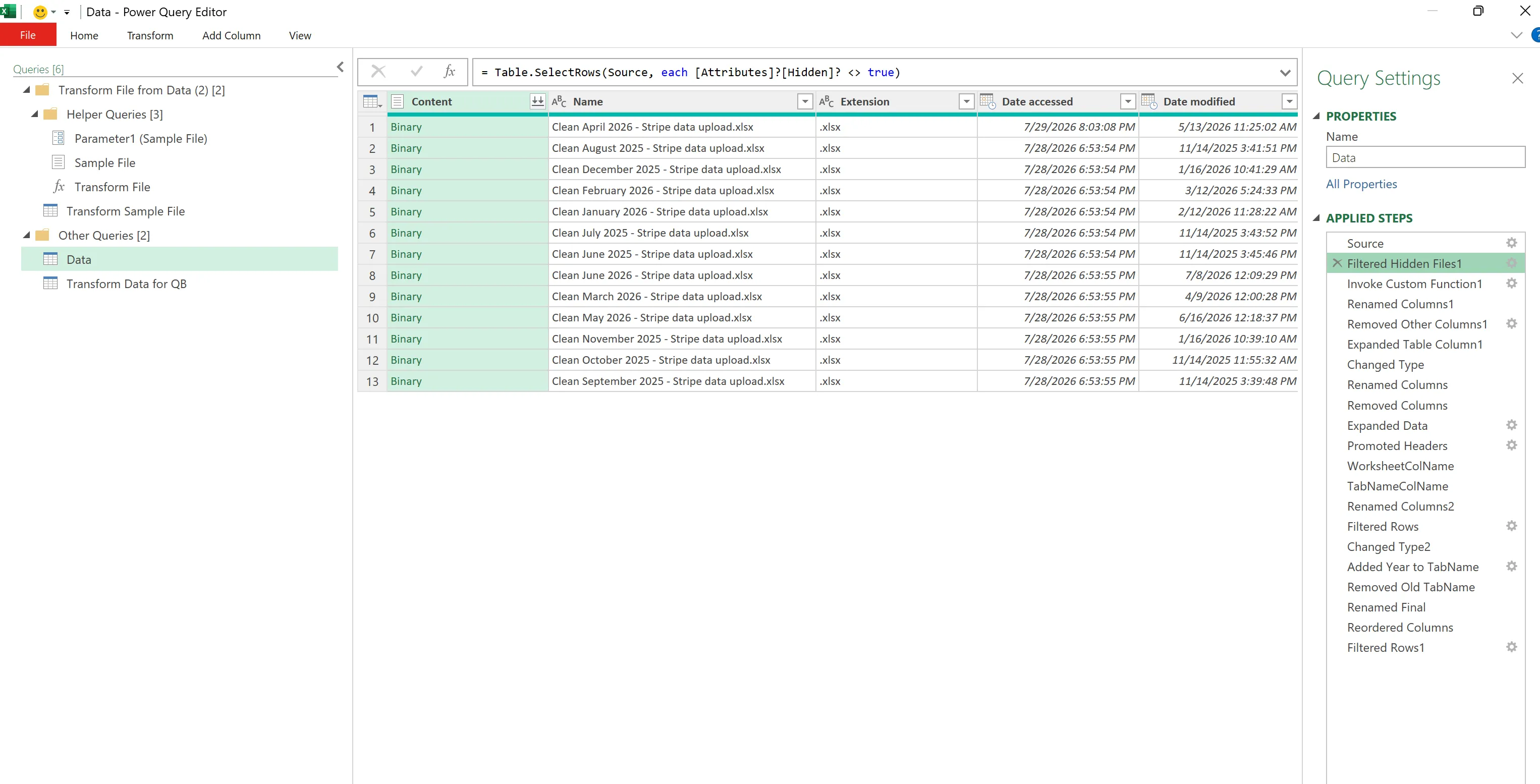 Power Query folder-ingestion view listing each monthly Stripe export file consolidated into one table