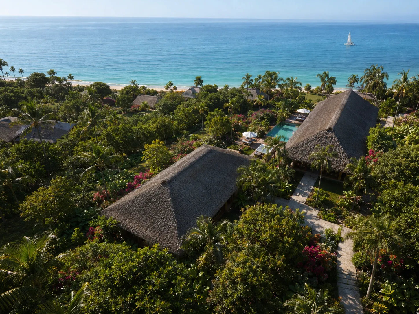 Aerial view of the thatched-roof villa cluster and beachfront grounds representative of the development
